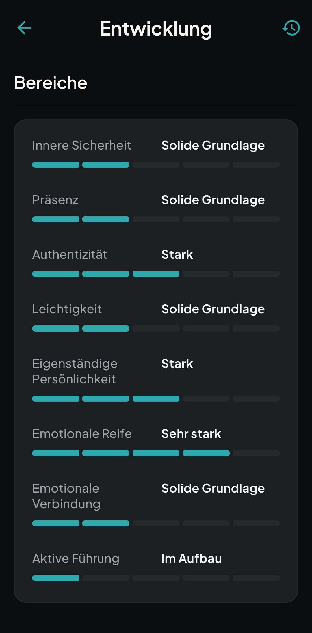 Entwicklungsbereiche in der Practice App, mit Einstufung nach jeder Begegnung