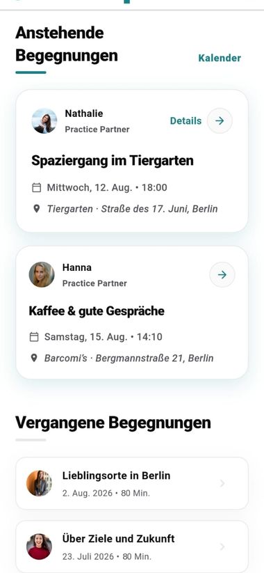 Anstehende Begegnungen in der Practice App